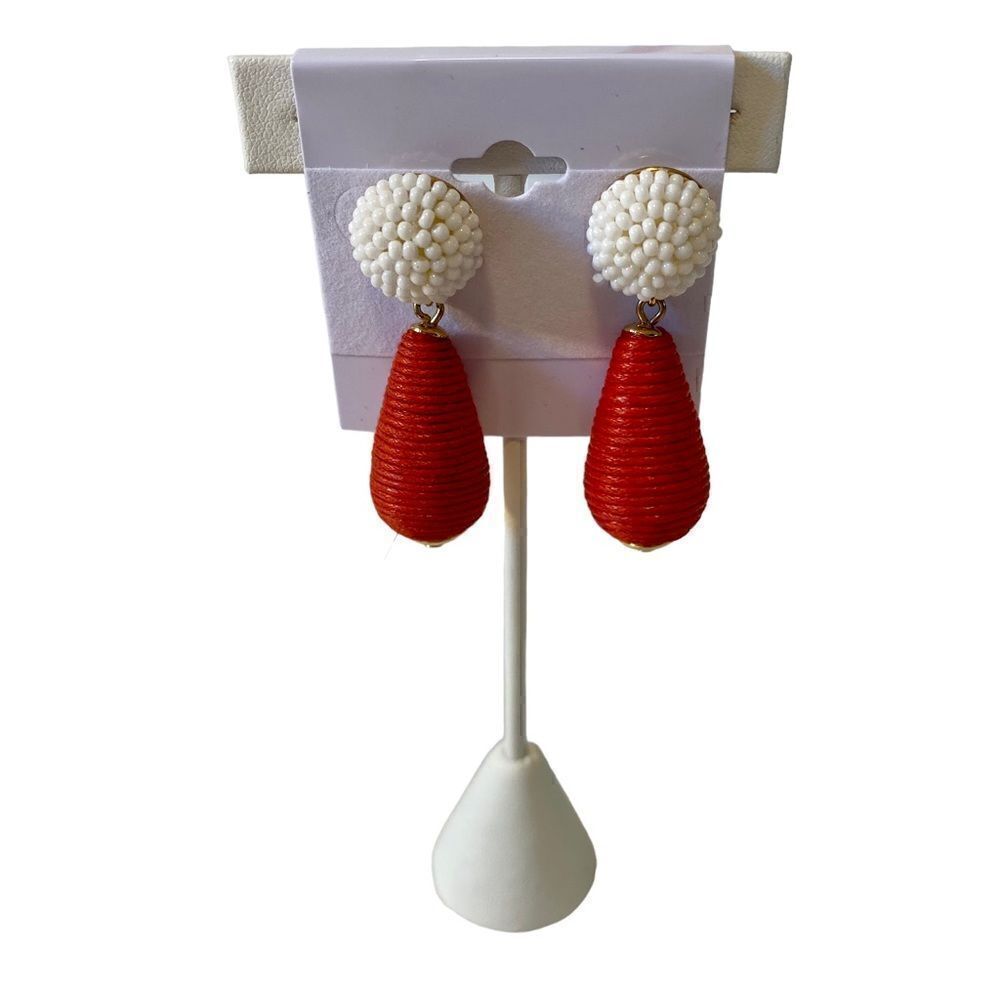 Super Cute Red & White Seed Bead & Twine Drop Earrings.